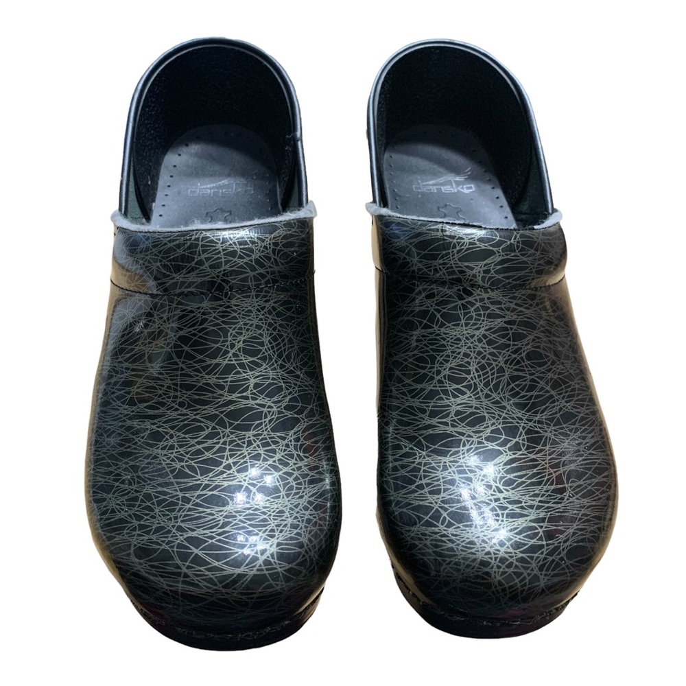 Dansko Black & Gold Scribble Swirl Print Slide On Clog Mule Size 41 / 10.5